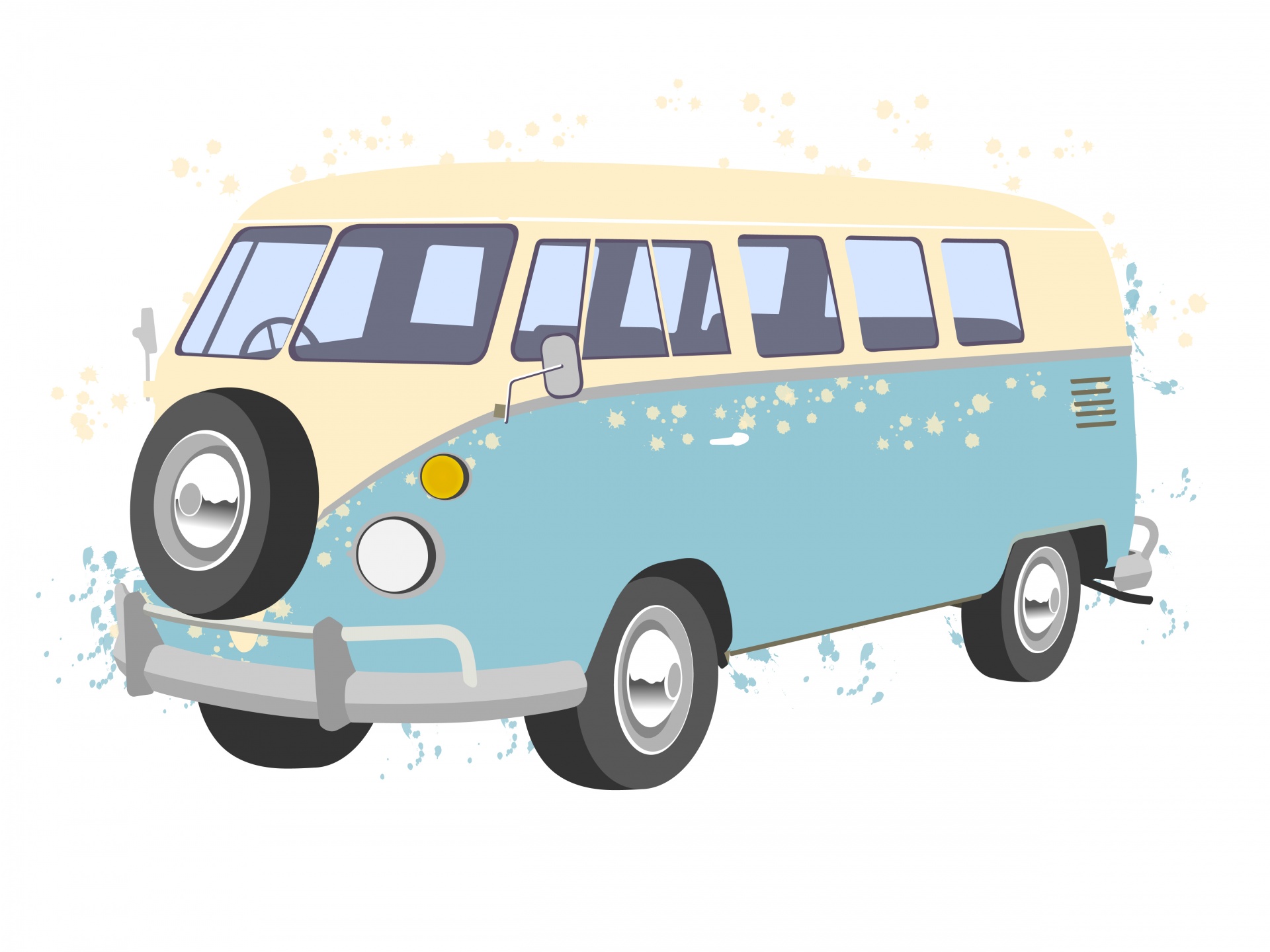 VW camper van illustration with paint splashes on white background